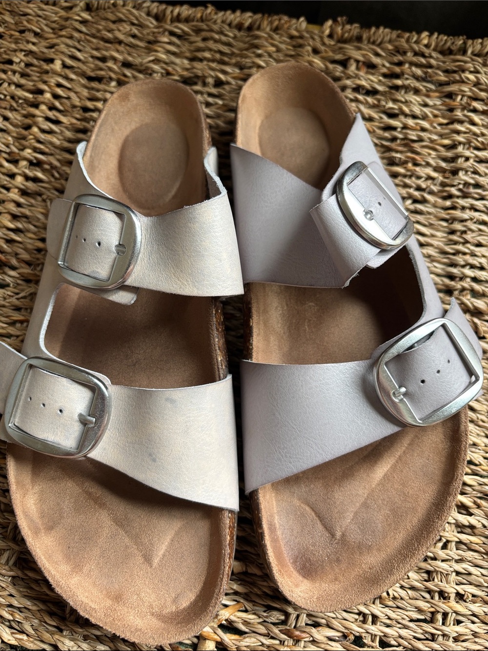 Time and Tru Silver Double Buckle Slide Sandals